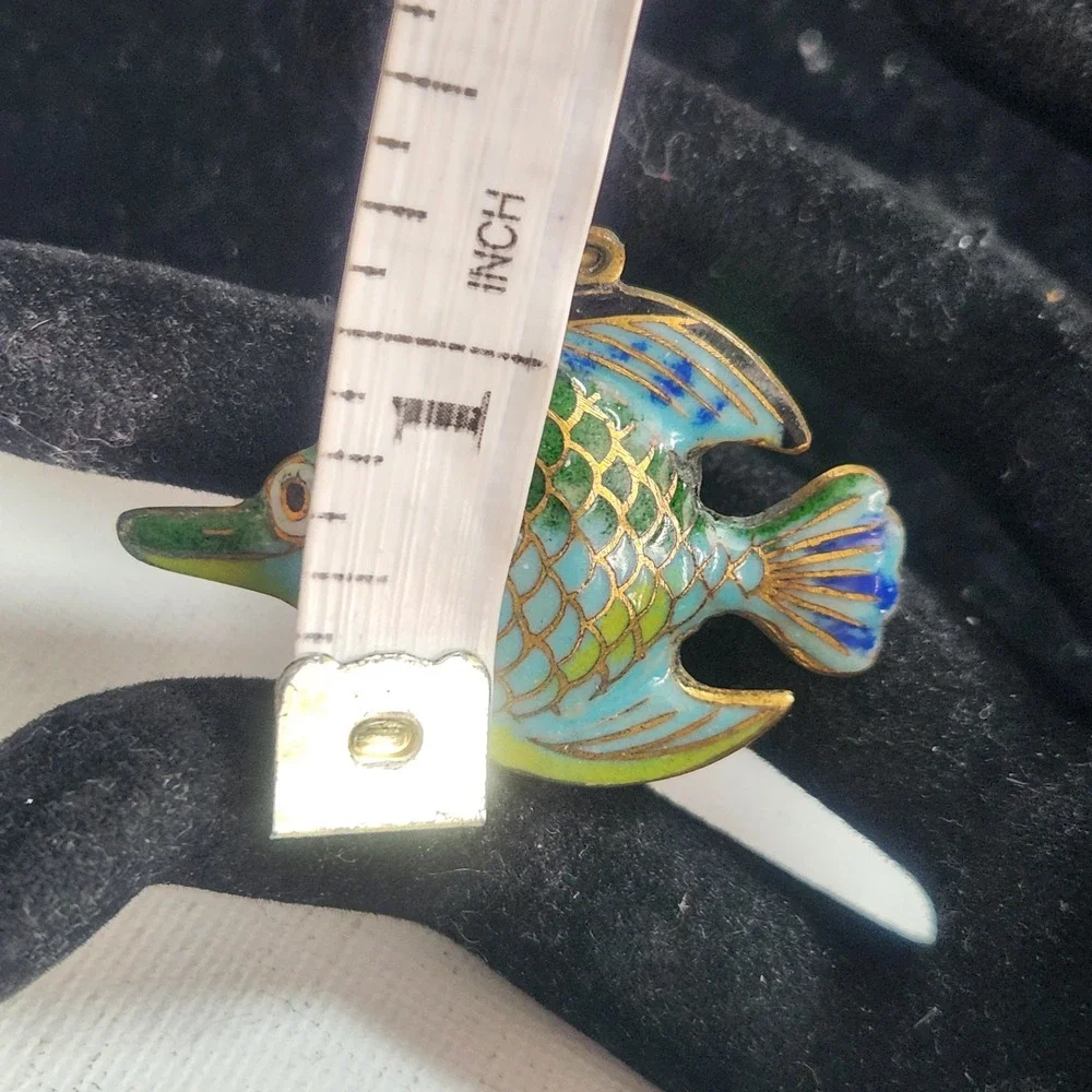 Vintage‎ Cloisonne Enamel Fish Pendant Blue Green Tropical Charm Double Sided